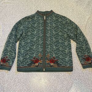 PENDLETON LARGE Wool Embroidered Zip Front Sweater Jacket Green Floral VINTAGE